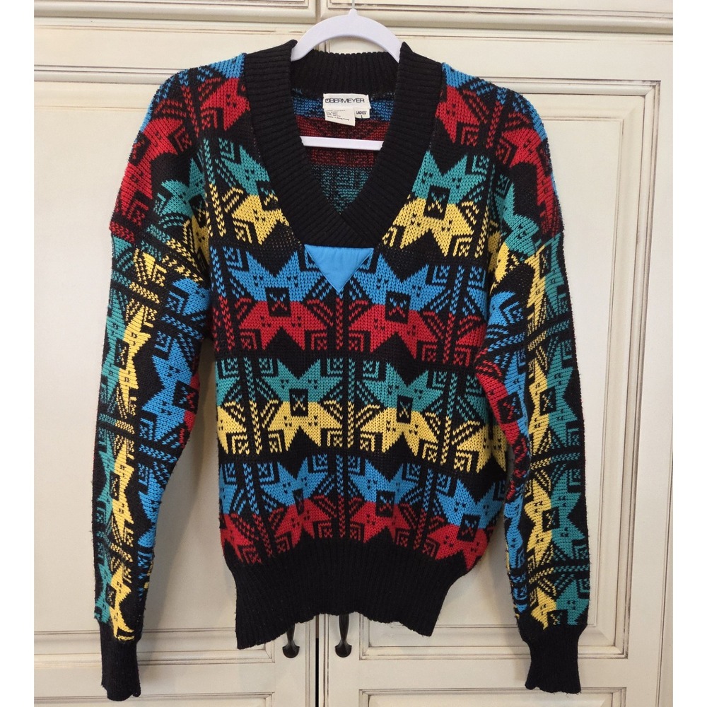 Vtg Obermeyer Wool Acrylic Sweater Rainbow Stars Snowflakes Medium Large V Neck